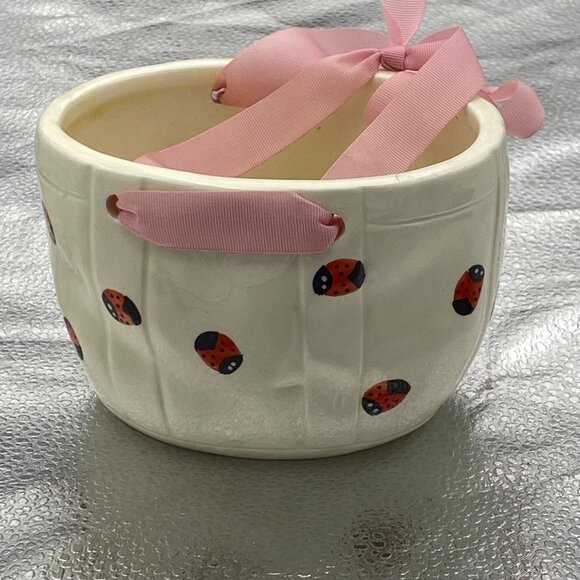 Hand-Painted Ceramic Planter Ladybug Basket White Pink Ribbon Handles Candy Dish - Picture 1 of 9